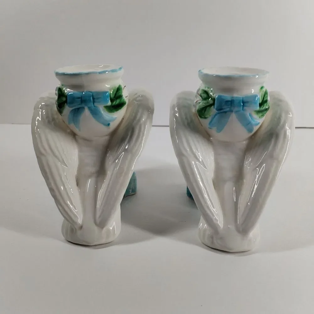 Vintage 1988 The Haldon Pair Dove Bird‎ Candle Holders White Blue Ribbon 4